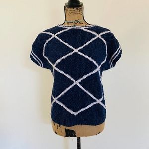 Liz Claiborne VTG Linen Cotton Geometric Textured Cap Sleeve Navy Sweater Sz M